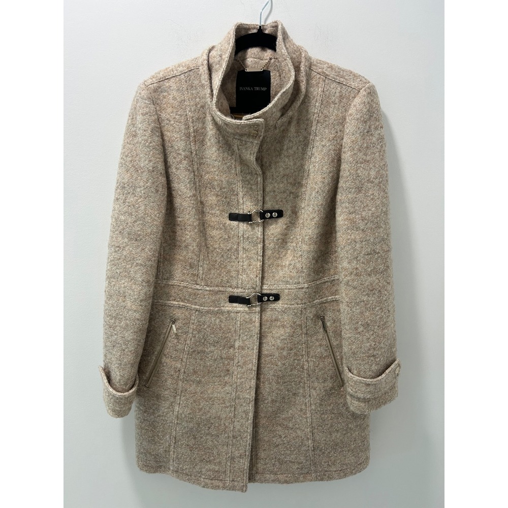 Ivanka Trump Womens 16 Wool Blend Boucle Funnel Neck Toggle Coat Oatmeal Tan